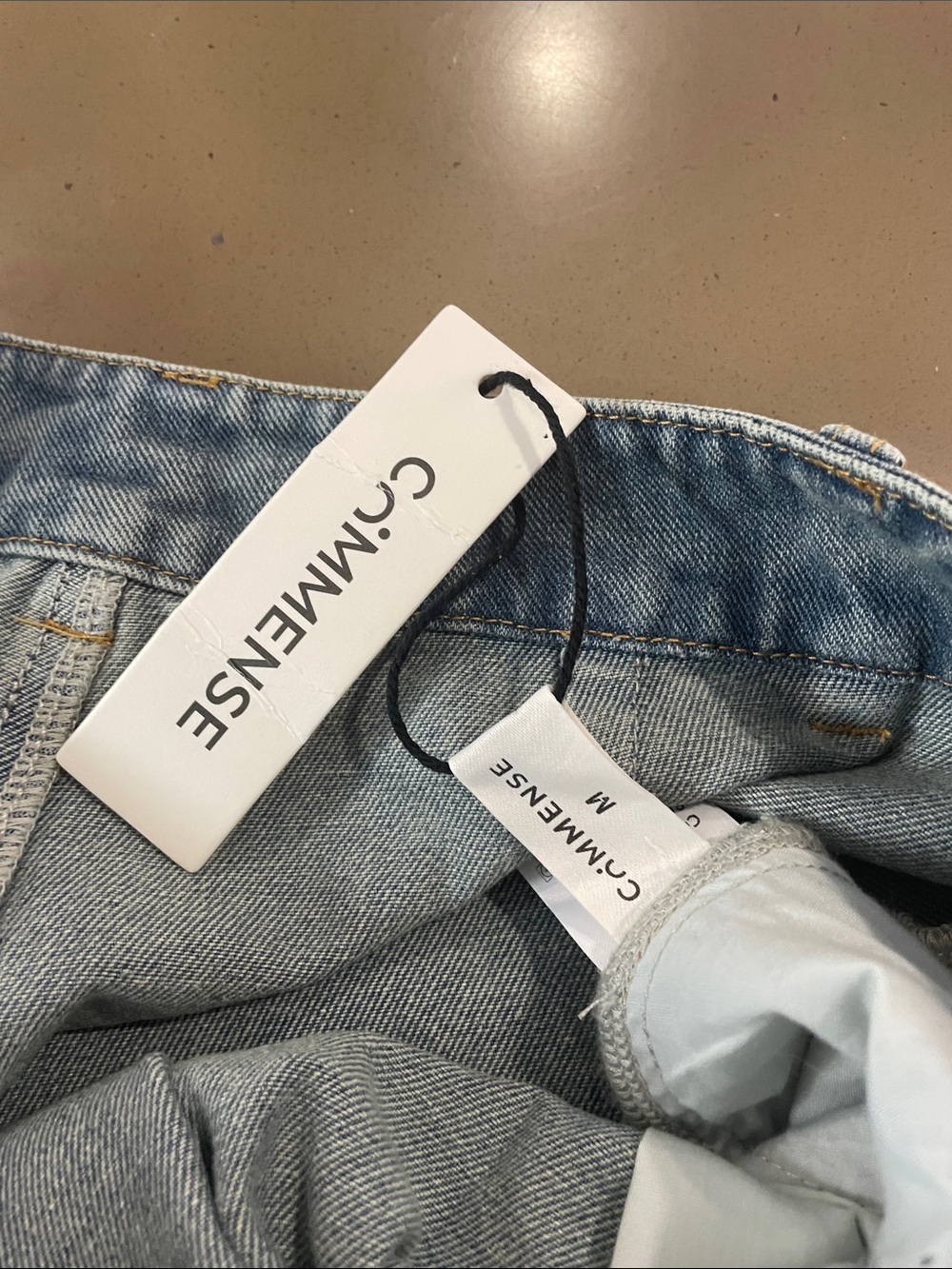 Commense Wide-Leg Draped Jeans with Tan Accent Patch - Blue - Picture 8 of 8